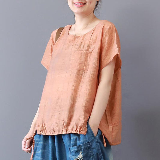 Fine summer cotton blended tops plus size Short Sleeve Solid Color Casual High-Low Hem Blouse
