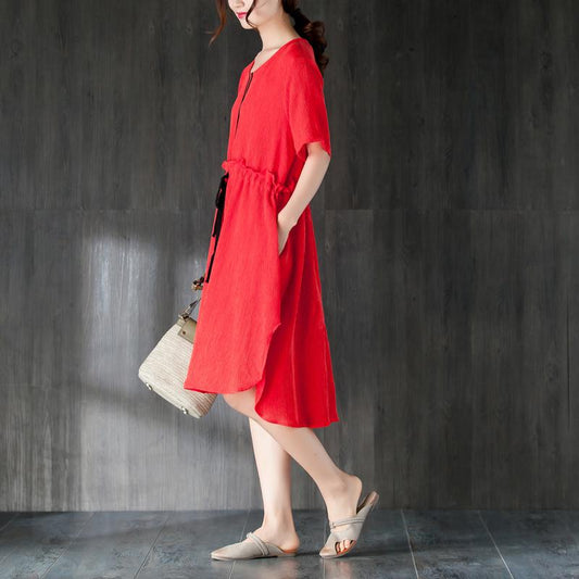 Feines Tencel-Sommerkleid in Übergröße, rotes Sommerkleid für Damen mit Rüschen und Schleife