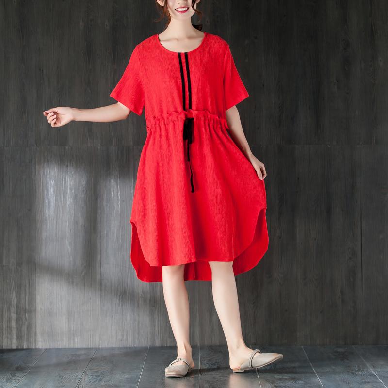Feines Tencel-Sommerkleid in Übergröße, rotes Sommerkleid für Damen mit Rüschen und Schleife