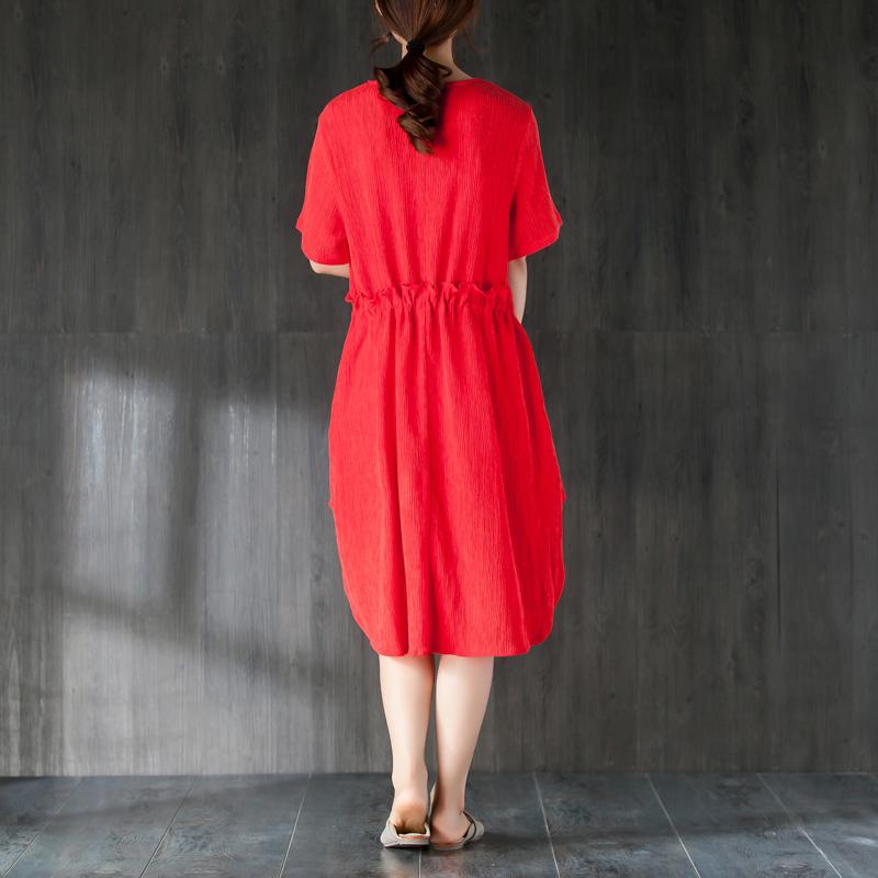 Feines Tencel-Sommerkleid in Übergröße, rotes Sommerkleid für Damen mit Rüschen und Schleife