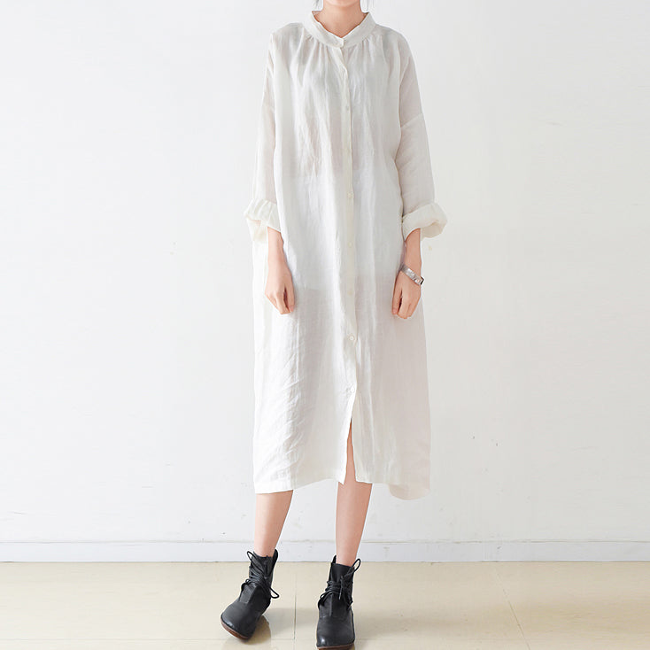 Feines weißes Ramine-Leinenkleid in Übergröße 2024, Herbst-Leinenhemdkleid