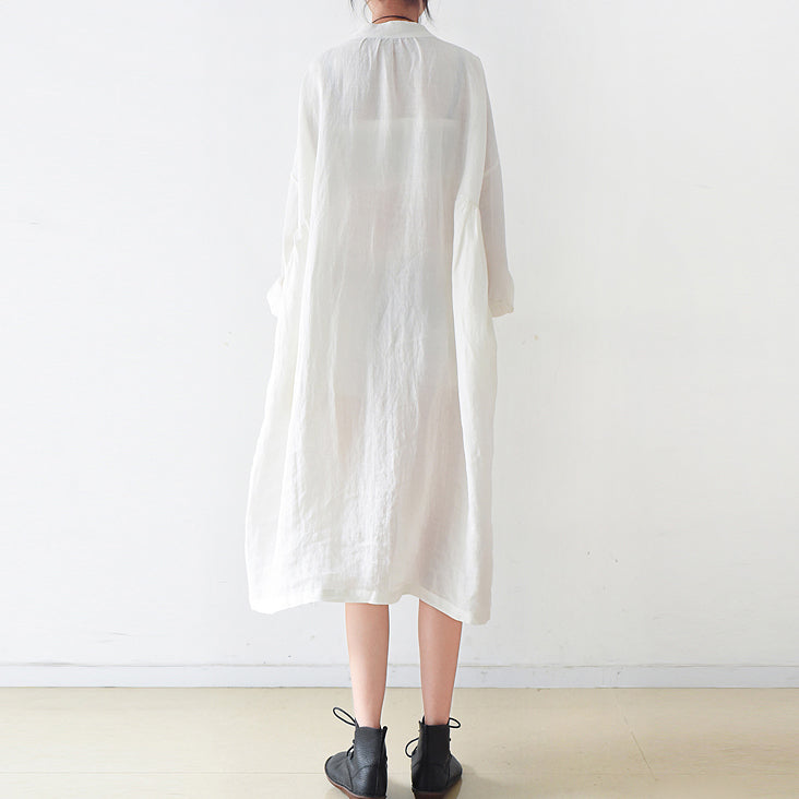 Feines weißes Ramine-Leinenkleid in Übergröße 2024, Herbst-Leinenhemdkleid