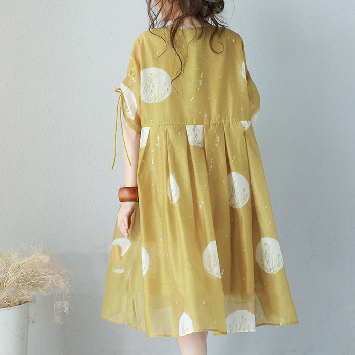 Chiffonkleider mit feinen gelben Drucken, übergroßes Kleid mit hoher Taille, elegante Kleider mit Kordelzugärmeln