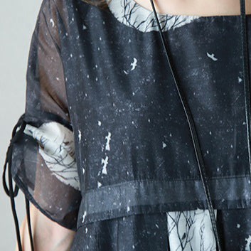 Chiffonkleider mit feinen gelben Drucken, übergroßes Kleid mit hoher Taille, elegante Kleider mit Kordelzugärmeln