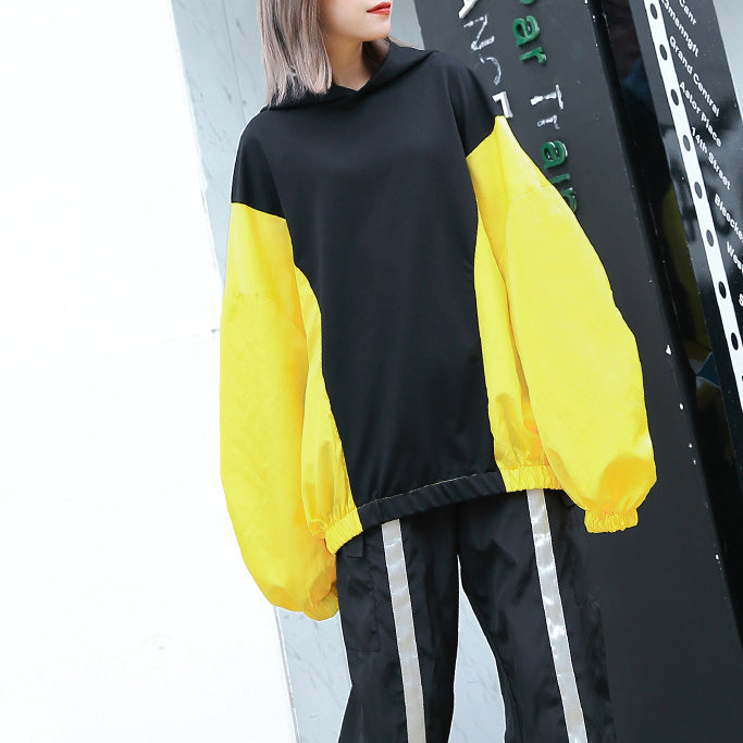 Feine gelbe Oberteile Oversize-Kapuzen-Patchwork Casual Boutique Fledermausärmel Baggy-Oberteile