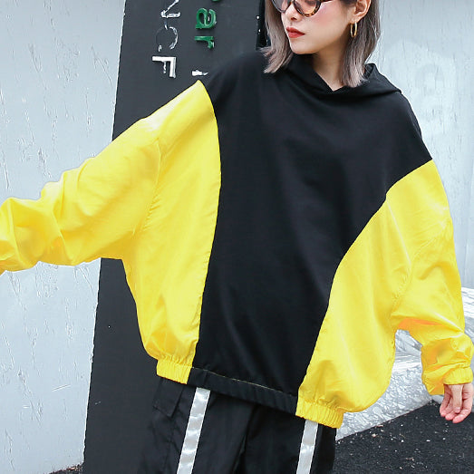 Feine gelbe Oberteile Oversize-Kapuzen-Patchwork Casual Boutique Fledermausärmel Baggy-Oberteile