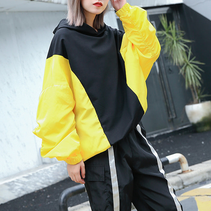 Feine gelbe Oberteile Oversize-Kapuzen-Patchwork Casual Boutique Fledermausärmel Baggy-Oberteile