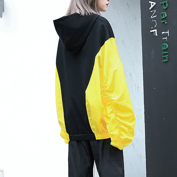 Feine gelbe Oberteile Oversize-Kapuzen-Patchwork Casual Boutique Fledermausärmel Baggy-Oberteile