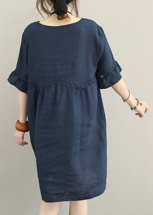 Feines dunkelblaues Leinen-Kniekleid übergroßes Leinen-Baumwollkleid Boutique Flare Ärmel Spitze Patchwork Leinenkleid