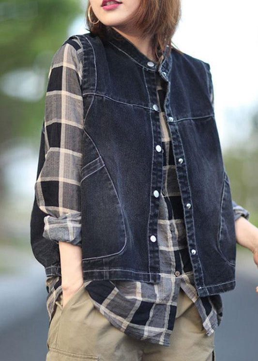 Fitted Black Stand Collar Pockets Button Fall Top Sleeveless Waistcoat - SooLinen
