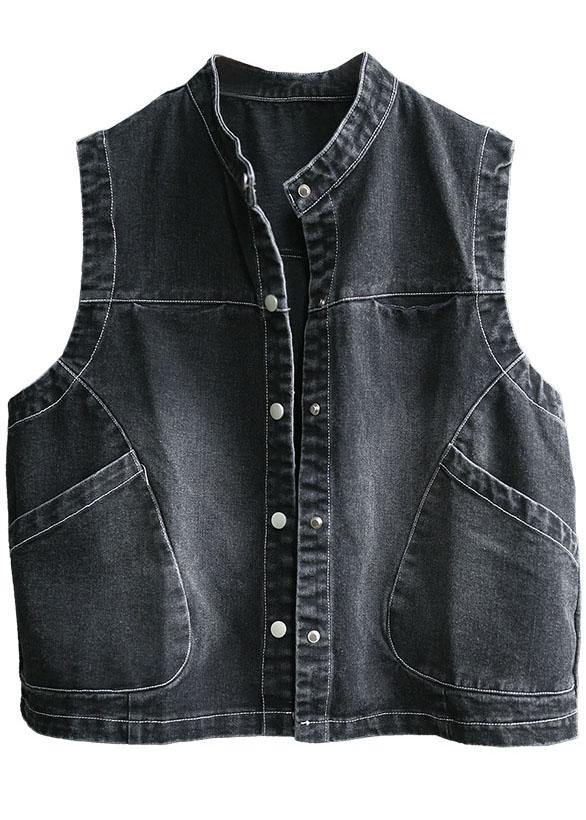 Fitted Black Stand Collar Pockets Button Fall Top Sleeveless Waistcoat - SooLinen