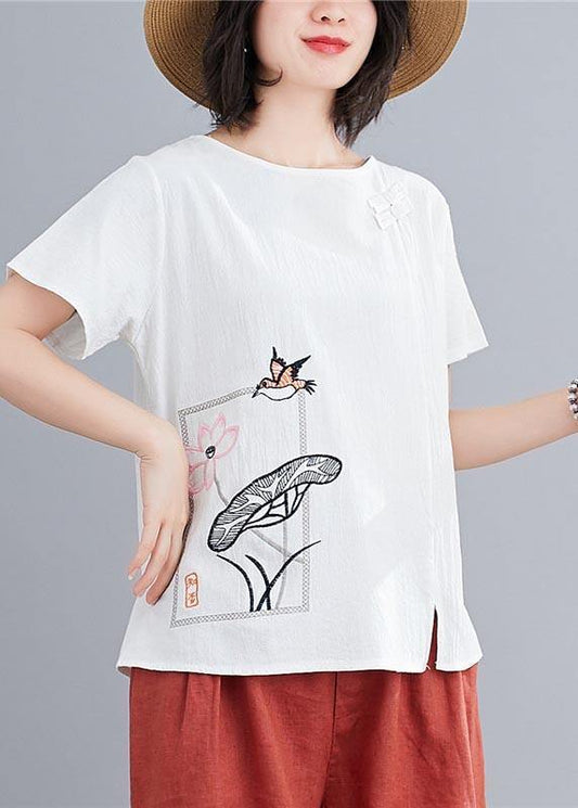Fitted White Embroideried Lotus Blouse Tops Summer Cotton Linen - SooLinen