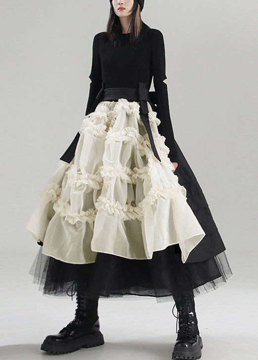 Taillierter Apricot Asymmetrischer Patchwork Tüllrock Frühling