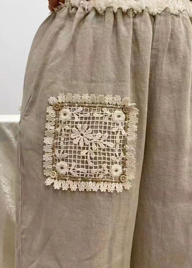 Taillierte Apricot Rüschen Patchwork Leinenhose Frühling