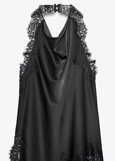 Fitted Black Asymmetrical Lace Patchwork Chiffon Halter Top Summer
