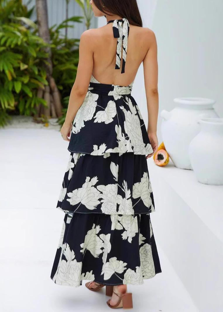 Fitted Black Backless Print Vacation Dresses Summer