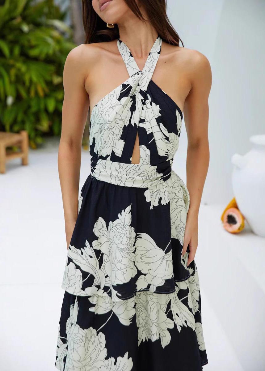 Fitted Black Backless Print Vacation Dresses Summer