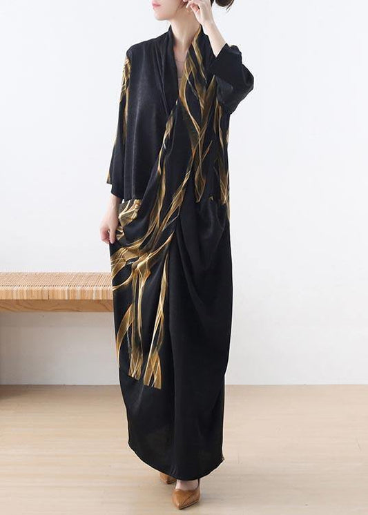 Fitted Black Print Chiffon asymmetrical design Summer Holiday Dress - SooLinen