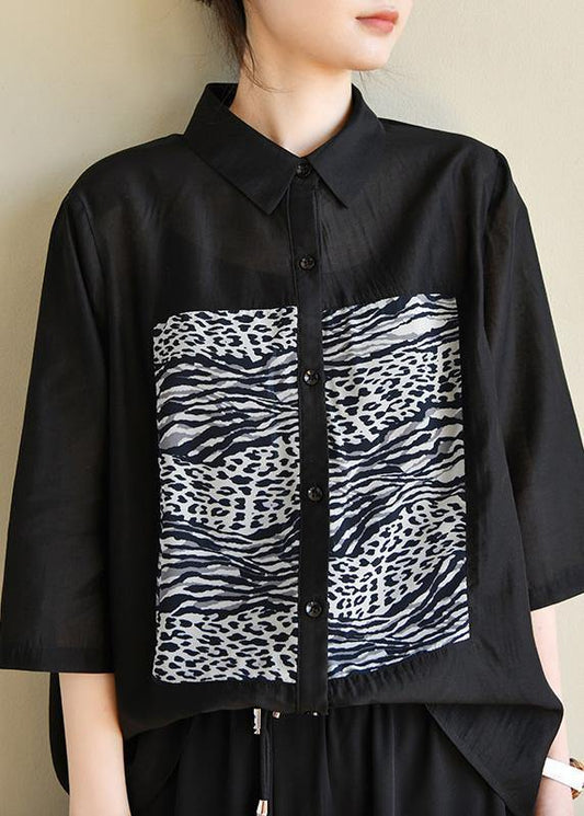 Fitted Black Striped Patchwork Blouses Half Sleeve Spring - SooLinen