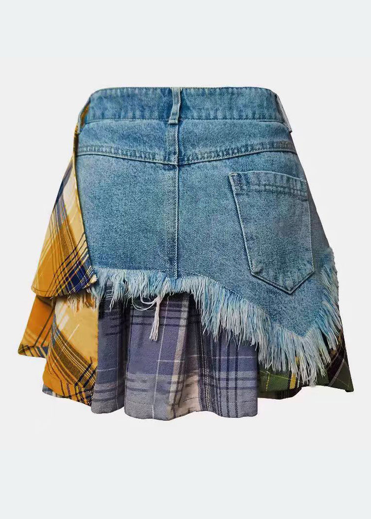 Fitted Blue Asymmetrical Patchwork Denim Skirts Summer