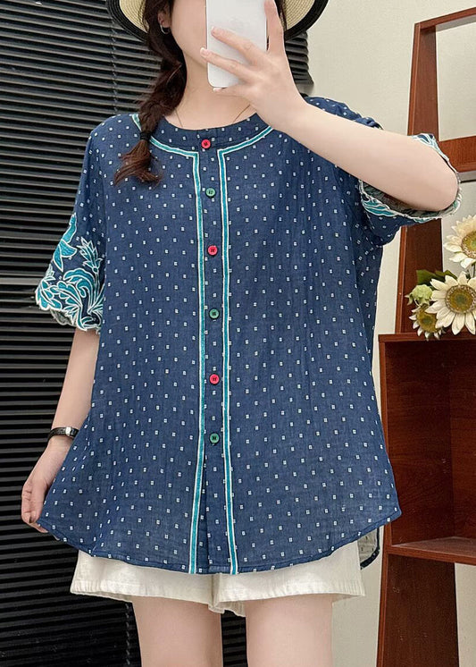 Fitted Blue Embroidered Cotton Shirt Summer