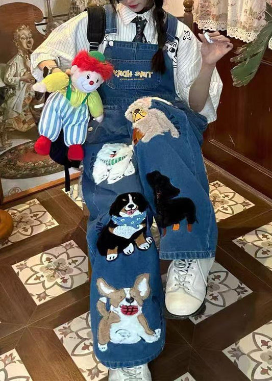 Fitted Blue Oversized Cute Animals Denim Jumpsuit Summer