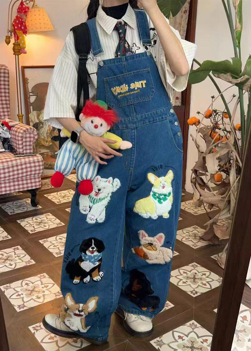 Fitted Blue Oversized Cute Animals Denim Jumpsuit Summer