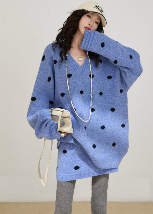 Conjunto de dos piezas de punto de lunares azules oversize ajustado para invierno