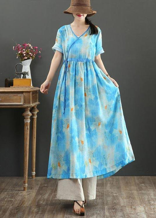 Fitted Blue Print Linen tie waist Summer Vacation Dresses - SooLinen