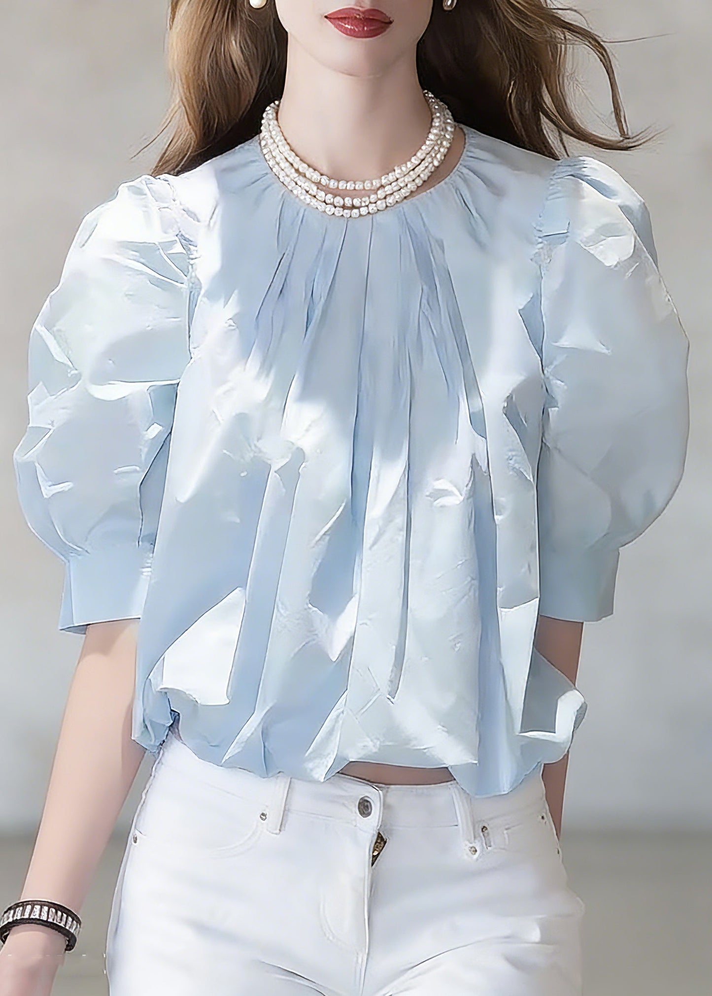 Fitted Blue Wrinkled Solid Top Short Sleeve