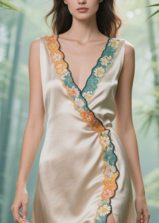 Fitted Champagne Patchwork Side Open Silk Day Dress Sleeveless