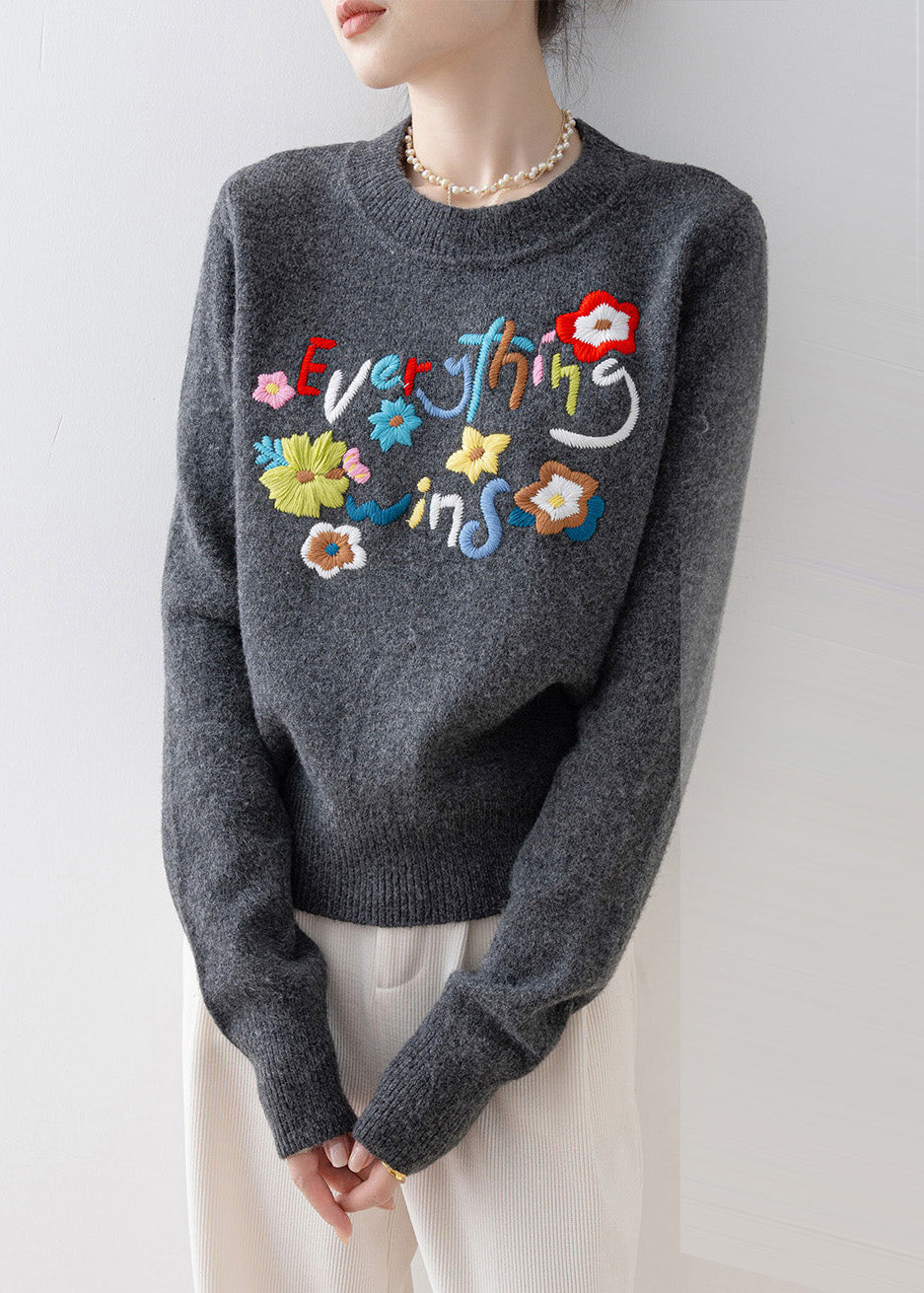 Fitted Charcoal Grey Embroidered Thick Knit Short Sweater Winter