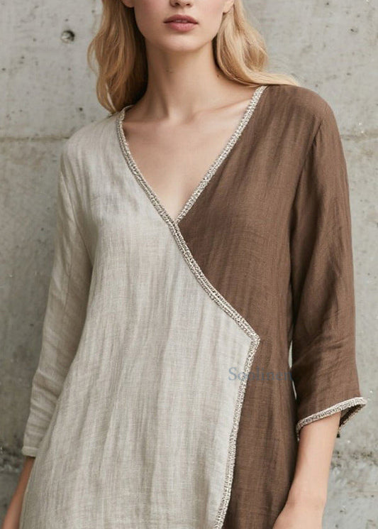 Figurbetontes, farblich abgesetztes, asymmetrisches Patchwork-Baumwollkleid mit Armbandärmeln