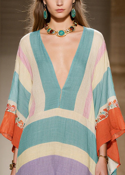 Fitted Colorblock Oversized Print Cotton Maxi Dresses Summer