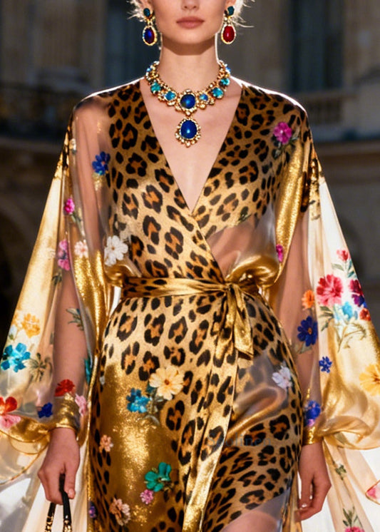 Fitted Golden Print Asymmetrical Design Chiffon Dress Batwing Sleeve