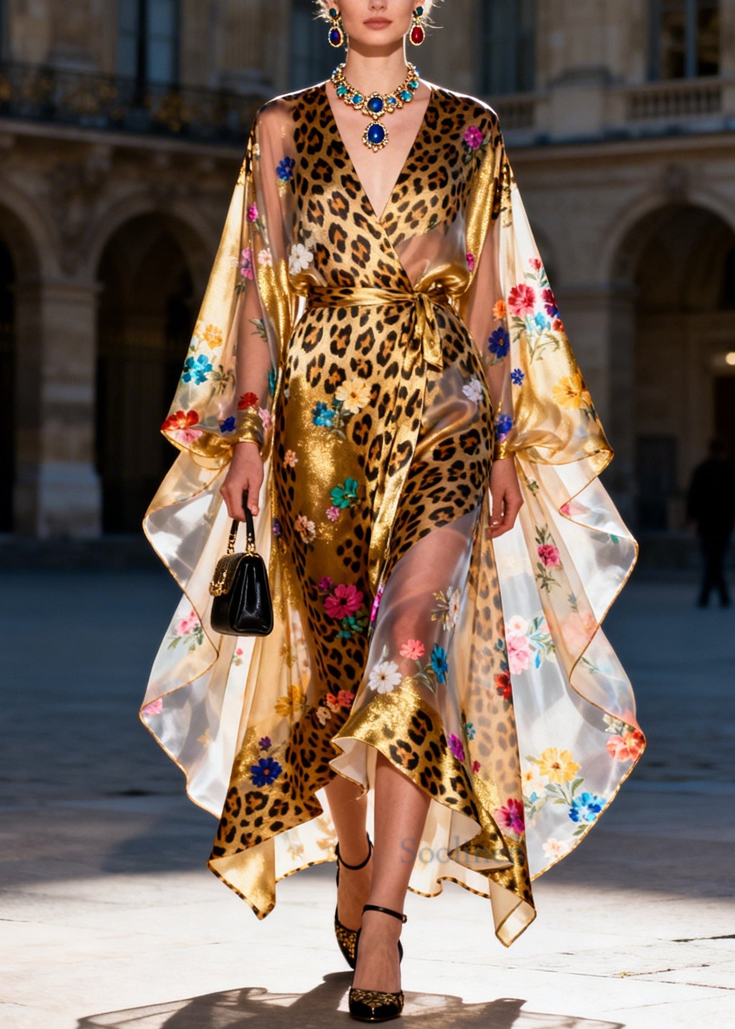 Fitted Golden Print Asymmetrical Design Chiffon Dress Batwing Sleeve