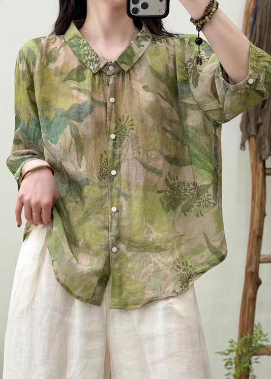 Fitted Green Oversized Print Linen Shirt Tops Half Sleeve