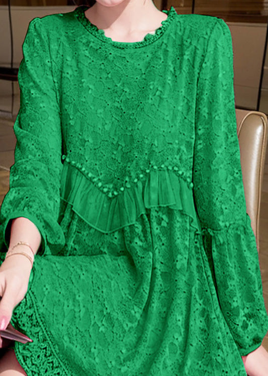Fitted Green Ruffled Embroidered Patchwork Cotton Dress Spring
