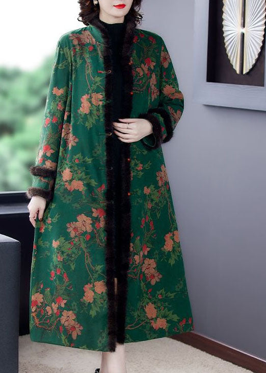 Taillierter grüner Stehkragen-Print Nerzhaar Feine Baumwolle gefüllte Mäntel Winter