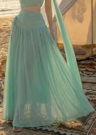 Fitted Light Green One Shoulder Chiffon Long Dress Sleeveless