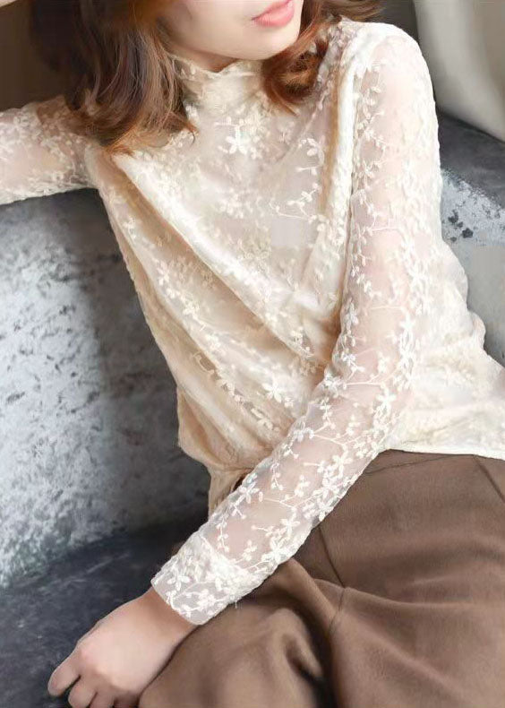 Tailliertes milchig weißes Rollkragen-Spitzentop mit Reißverschluss