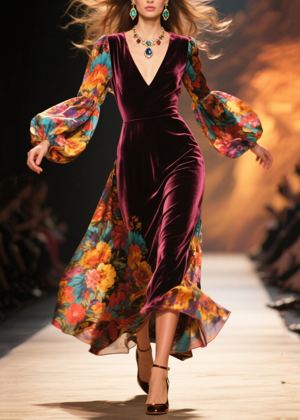 Vestidos de vacaciones ajustados de terciopelo de seda con estampado de morera y mangas farol