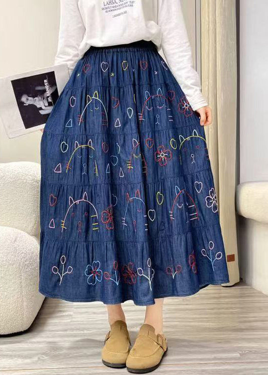 Fitted Navy Print Exra Large Hem Denim Skirt Summer