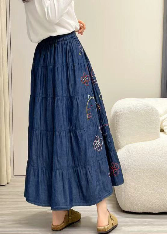 Fitted Navy Print Exra Large Hem Denim Skirt Summer