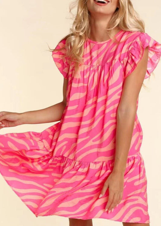 Fitted Pink Ruffled Print Cotton Day Dress Summer