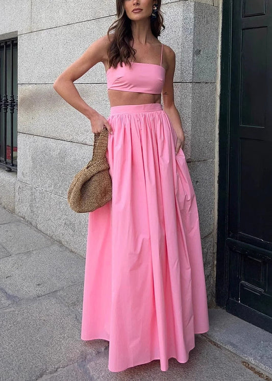 Fitted Pink Silm Fit Cotton Strapless Tops And Skirts Women Sets 2 Pieces Summer