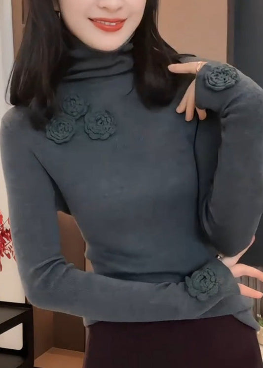 Suéteres de punto con cuello alto, estampado floral y patchwork morados ajustados para primavera