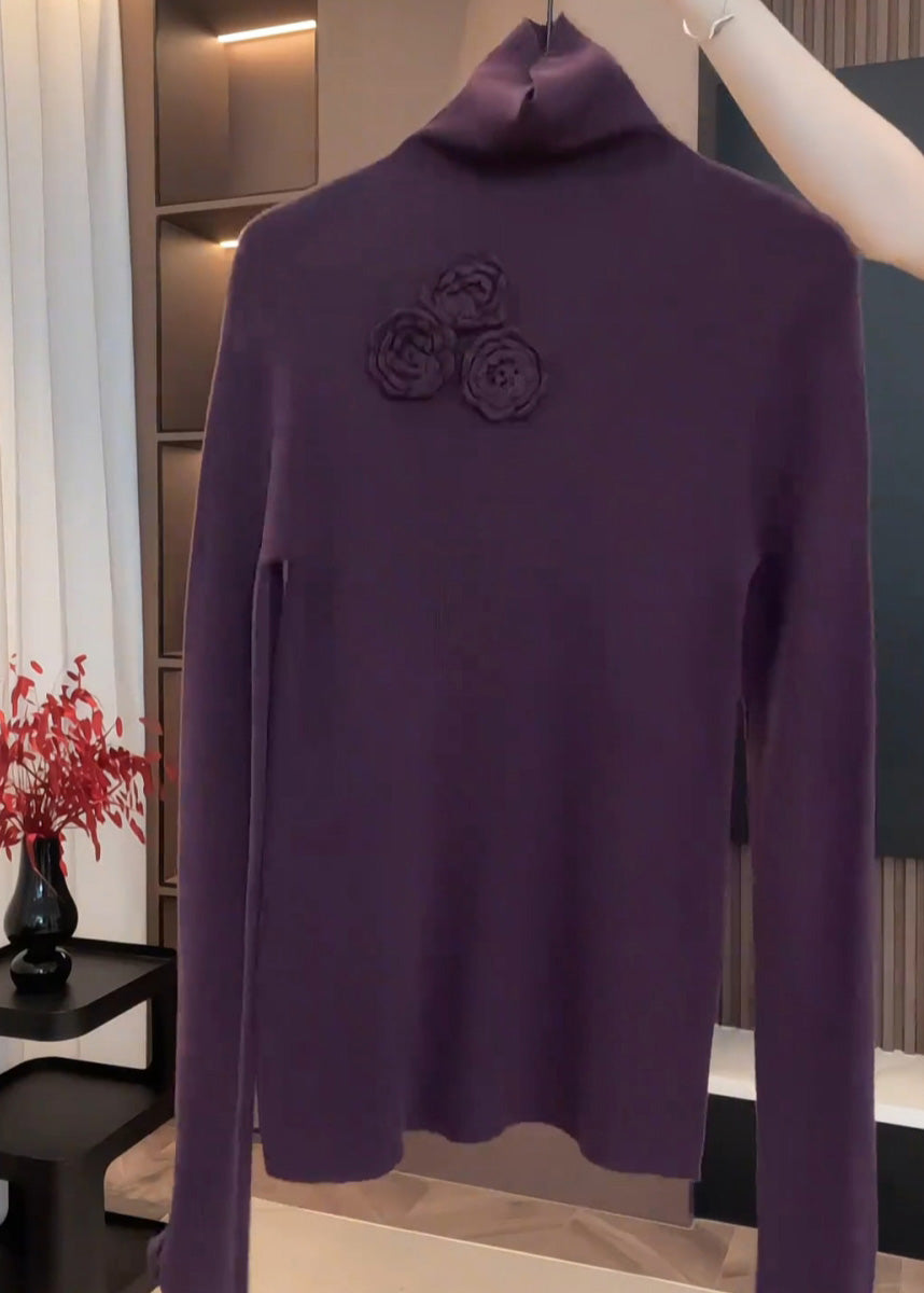 Suéteres de punto con cuello alto, estampado floral y patchwork morados ajustados para primavera