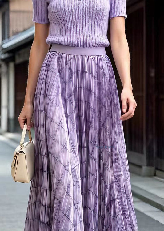 Fitted Purple Plaid Wrinkled Tulle Skirts Summer