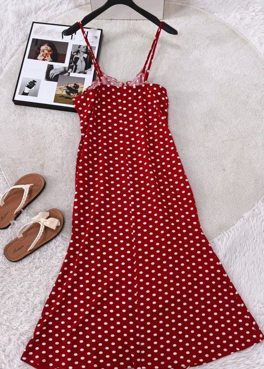 Fitted Red Cold Shoulder Dot Flattering Long Spaghetti Strap Sleeveless